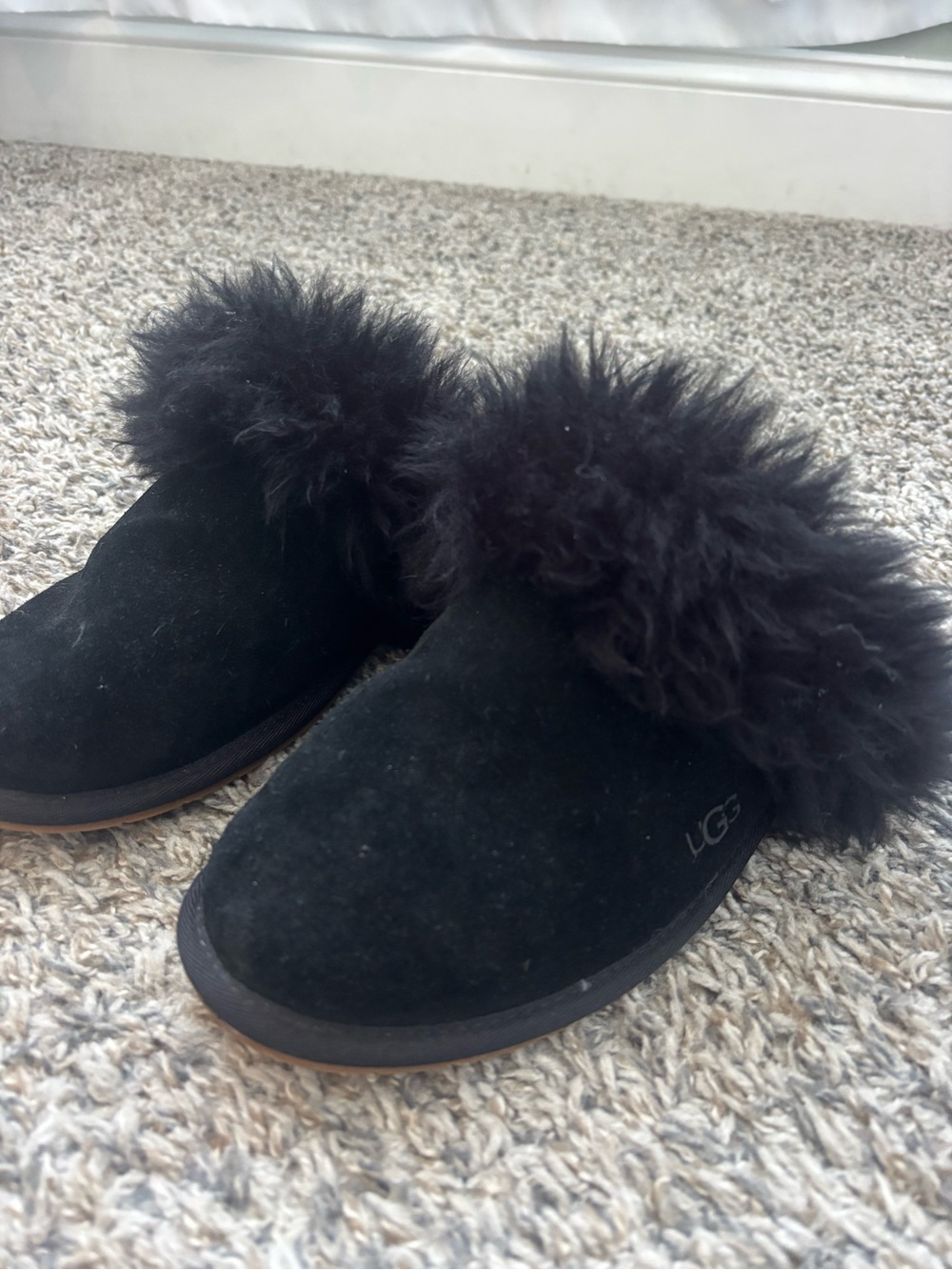 UGG Black Suede Pom-Pom Slippers